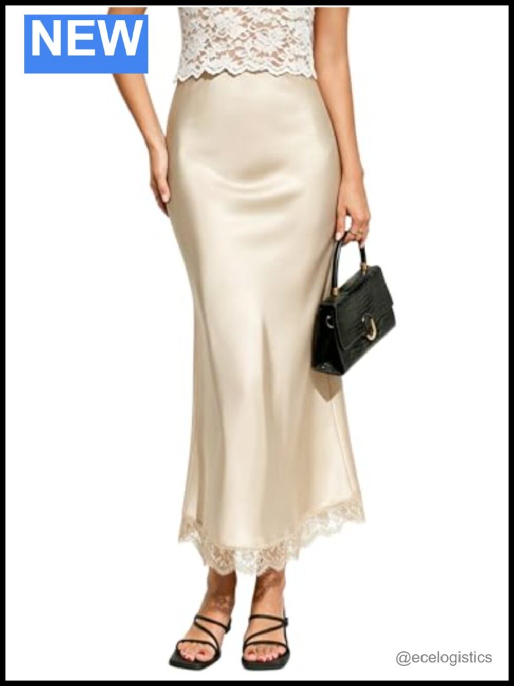 Women's Satin Lace Hem Maxi Skirt High Waist Elastic Flowy A-Line Long Skirt